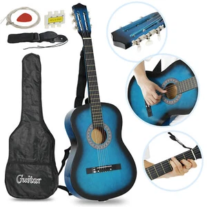 Acoustic Beginner Guitar Package Case Strap Pitch Pipe Pick Full size 38" Blue - Picture 1 of 9