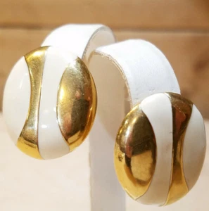 White & Brass Earrings Oval Stud Fashion Costume Jewelry Vtg Monet- Swanky Barn - Picture 1 of 12