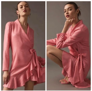 Anthropologie Vineet Bahl Pink Sequin Wrap Blazer Ruffle Mini Dress Barbie FLAW - Picture 1 of 15