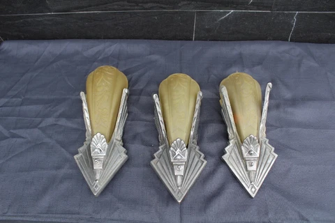 Antique Set Of 3  Art Deco Slip Glass Shade Wall Sconce Light Fixture Streamline Cover