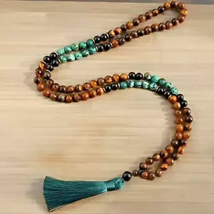 108 Mara Beads Tiger's Eye Turquoise Healing Prayer Tassel Women Men Necklace - Picture 1 of 5