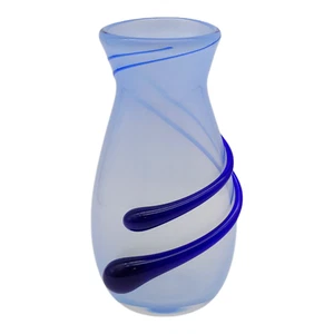 Alder House Hand Blown Art Glass Vase - 7" Cobalt Blue Swirl Opalescent Signed - Picture 1 of 8