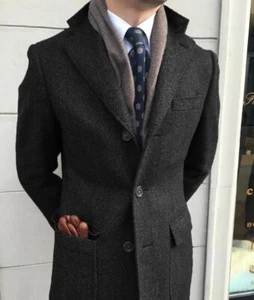 Men's Windbreaker Classic Herringbone Wool Jacket Winter Warm Outdoor Long Coat - Picture 1 of 21