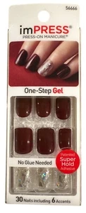 Kiss Impress 30 Gel Unghie Press-On KISS & TELL Short Squoval Rosso Argento Glitter - Foto 1 di 5