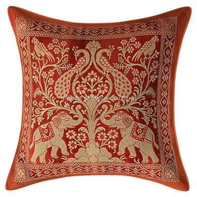 Indian Pillow Case Elephant Brocade Silk Brown Single Cushion Cover Throw 12X12 - Image 1 of 3