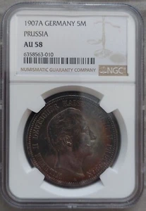 PRUSSIA GERMANY 5 MARK SILVER AU COIN 1907 A YEAR KM#523 NGC AU58 PATINA - Picture 1 of 2