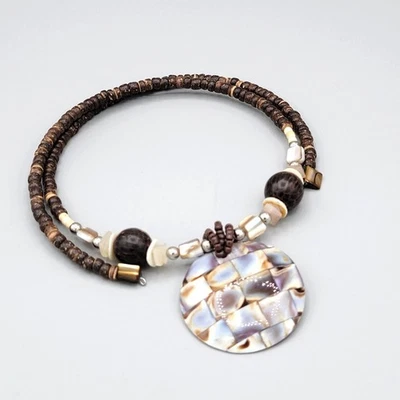 Brown & Beige Beaded Memory Wire Necklace Abalone Spacers Shiny Resin Pendant - Image 1 of 4