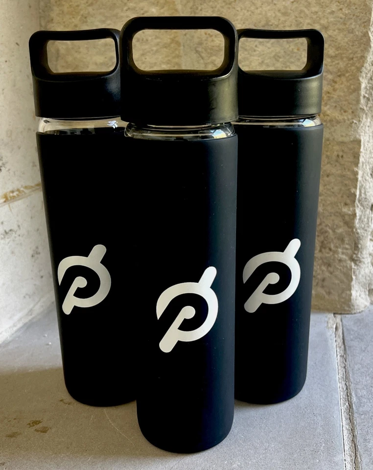 3 Peloton Glass Water Bottles Silicon Rubber Sleeve &Black ScrewOn Top w/Handle - Image 1 of 4