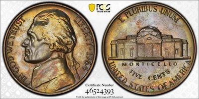 Jefferson Nickel 1964 a prueba - graduación profesional PR64 - tono arco iris Foto 1 de 4