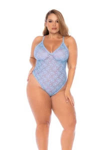 Übergröße blau Blumen Spitze tiefer Ausschnitt Tanga Teddy Dessous Body - Bild 1 von 6