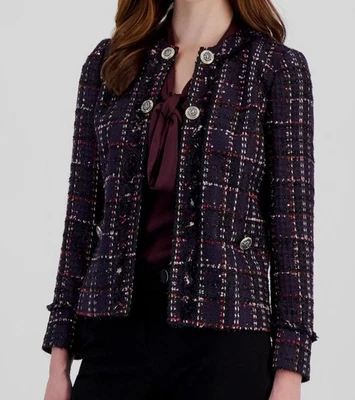 Anne Klein Women's Purple Open-Front Long-Sleeve Tweed Jacket Coat Size 4 - Image 1 of 3