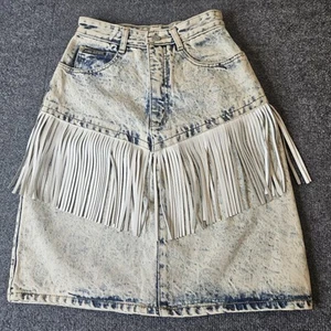 Vintage Paris Express Fransen Jeansrock Acid Wash Cowgirl Festival Größe 5 - Bild 1 von 9