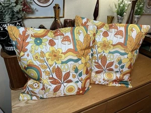 Retro 1970s Mushrooms Flowers Groovy Print Fall Colors Throw Pillow Cases 2 Pcs - Picture 1 of 14