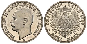 DEUTSCHES ST. BADEN. Friedrich II. 1908 - G AR 3 Mark. NGC PR64 Cameo. jaeger 39 - Bild 1 von 1