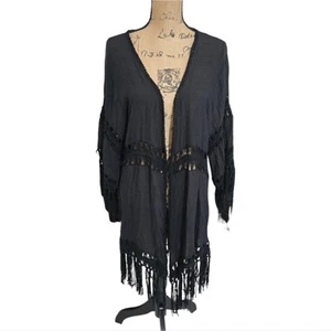 Vivid Black Crochet Fringe Boho Kimono Duster Swimsuit Coverup Plus Size 1X New - Picture 1 of 9