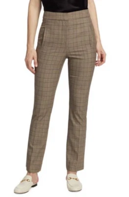 Veronica Beard Arte Slim Plaid Pants Cropped, Straight Tan $398 NWT Size 4 - Image 1 of 4