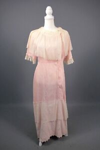 VTG Women's Antique Edwardian Early 1900s Pink Stripe Cotton Dress W/Lace Sz S/M