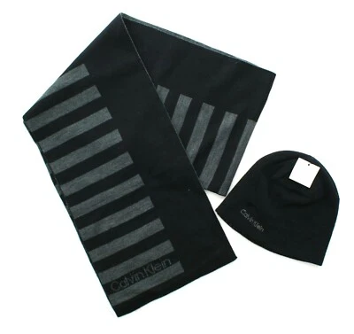 Calvin Klein Scarf Hat Winter Men's Logo Striped 2 Piece Gift Set, $80 - Image 1 of 4