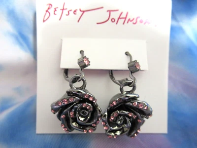BETSEY JOHNSON  Gun Metal  Hematite Rose Pink Crystal Halloween Drop Earrings - Image 1 of 4