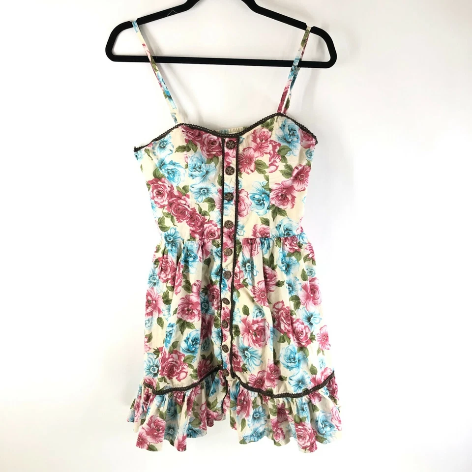 Katia платье линия цветочный хлопок оборки кнопка деталь без рукавов бежевый синий M - Изображение 1 из 4