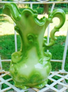 Vintage Water Pitcher VASE LARGE 14" Ceramic Green  and White Excellent - Picture 1 of 12
