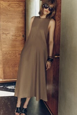 VESTIDO MIDI ZARA NUEVO FW24 MUJER COLECCIÓN ZW MEZCLA LINO Marrón/Topo 8439/929 Foto 1 de 4