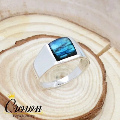 拉长石方形切割 925 纯银男士戒指首饰 - 美国 6-14 码 — 第 1/3 张图片