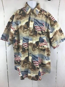 Bit & Bridle Boy’s Patriotic Horses/Flags Button Up Short Sleeve Shirt Sz. M - Picture 1 of 19