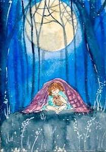 ACEO Original Watercolour Dreams, Fantasy, Girl, Imagination,The MOON,infancy - Picture 1 of 5