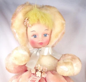 Pajama Doll Bag Girl Pink Plush Gown & Hat Rubber Face 15in 1960s Vintage Nice - Picture 1 of 10