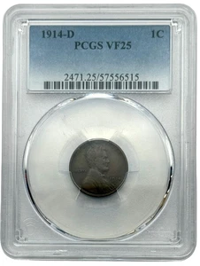 1914-D 1C Lincoln Cent, PCGS VF25, Rare Key Date, Great Eye Appeal. - Picture 1 of 4