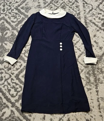Vintage 1960s Franklin Simon New York Navy Dress With White Polka Dot Trim XL - Image 1 of 4