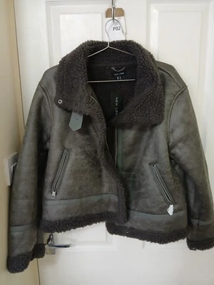 Grey Faux Leather Cropped Aviator Teddy Fur Lined Biker Jacket Coat RRP £65 - Image 1 of 4