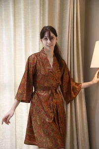 Bata kimono midi de seda pura hasta la rodilla vestido kimono de seda dorado PS MKMO2127 - Imagen 1 de 10