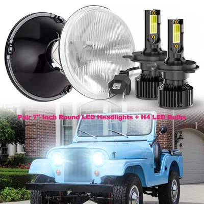 Pair 7" inch Round Led Headlights Hi/Low Beam for Jeep CJ3 1960-1964-1965 - Image 1 of 4