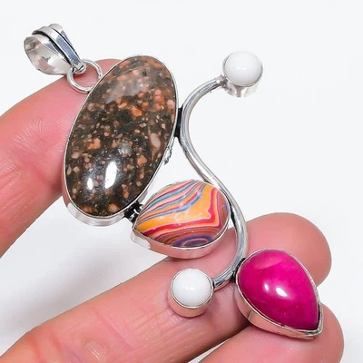 Ruby(Simulated), Calsilica Gemstone 925 Sterling Silver Pendant 3.15" r522 - Image 1 of 2