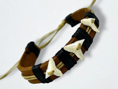 Handmade Genuine Mako Shark Teeth Leather Surfer Beach Bracelet 6"-9" adjustable - Image 1 of 4