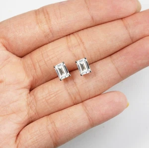 2 Ct Emerald Cut VVS1/D Lab Created Stud Earrings 14k White Gold 7mm Push Back - Picture 1 of 8