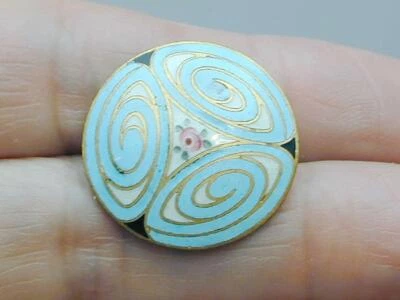French Champleve Enamel Button Light Blue White Rose VERY Ornate 1800's - Image 1 of 2