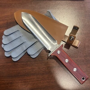 Hori Hori Garden Knife Stainless Weeding Digging + Leather Sheath + Gloves - Picture 1 of 5