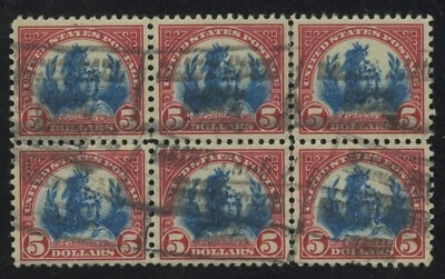 US 573, USED $5 VF LH/NH Center Line Block of 6 - SCARCE - Image 1 of 2