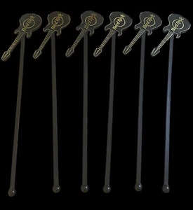 Vintage Hard Rock Guitar Shape Black Swizzle Sticks Drink Stir 8.5" Set Of 6 - Picture 1 of 10
