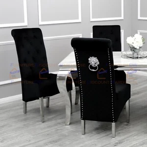 4x FurnitureDW Emma Black Soft Velvet Dining Room Chair Chrome Legs Lion Knocker