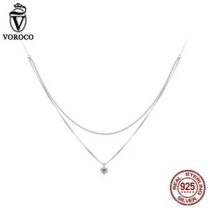 Voroco Elegant S925 Sterling Silver Shining Double Layer Necklace Women Jewelry - Picture 1 of 12