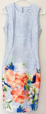 STUNNING NWT Calvin Klein Printed Jewel-Neck Sheath Dress Floral Blue Multi, 10 - Image 1 of 4