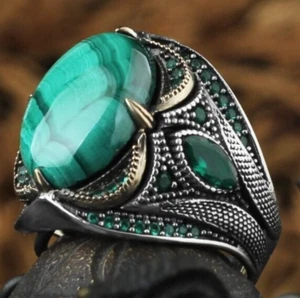 Malachite Stone Men's Natural Stone Handmade Men's Ring Jewelry Silver Ring - Picture 1 of 3