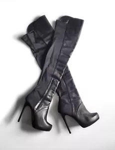 River Island Black Leather & Mesh Thigh High Boots Side Zip Size 38 - Picture 1 of 14