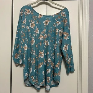 Bobeau Floral Print Top Criss Cross Back 3/4 Sleeve Blouse Teal XL - Picture 1 of 4