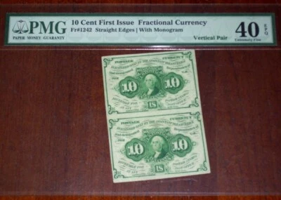 FR.1242 (1st Issue) 10 cent VERTICAL PAIR, STRAIGHT EDGES w/ABNC (PMG-XF40 EPQ) - Image 1 of 2