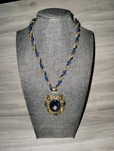 Blue & Gold Tone Rope Necklace W/ Matching Pendant 26" Long Vtg Rare - Picture 1 of 15